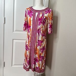 Maggy London Pink Orange Floral Print Shift Dress Keyhole Career 60s size 10